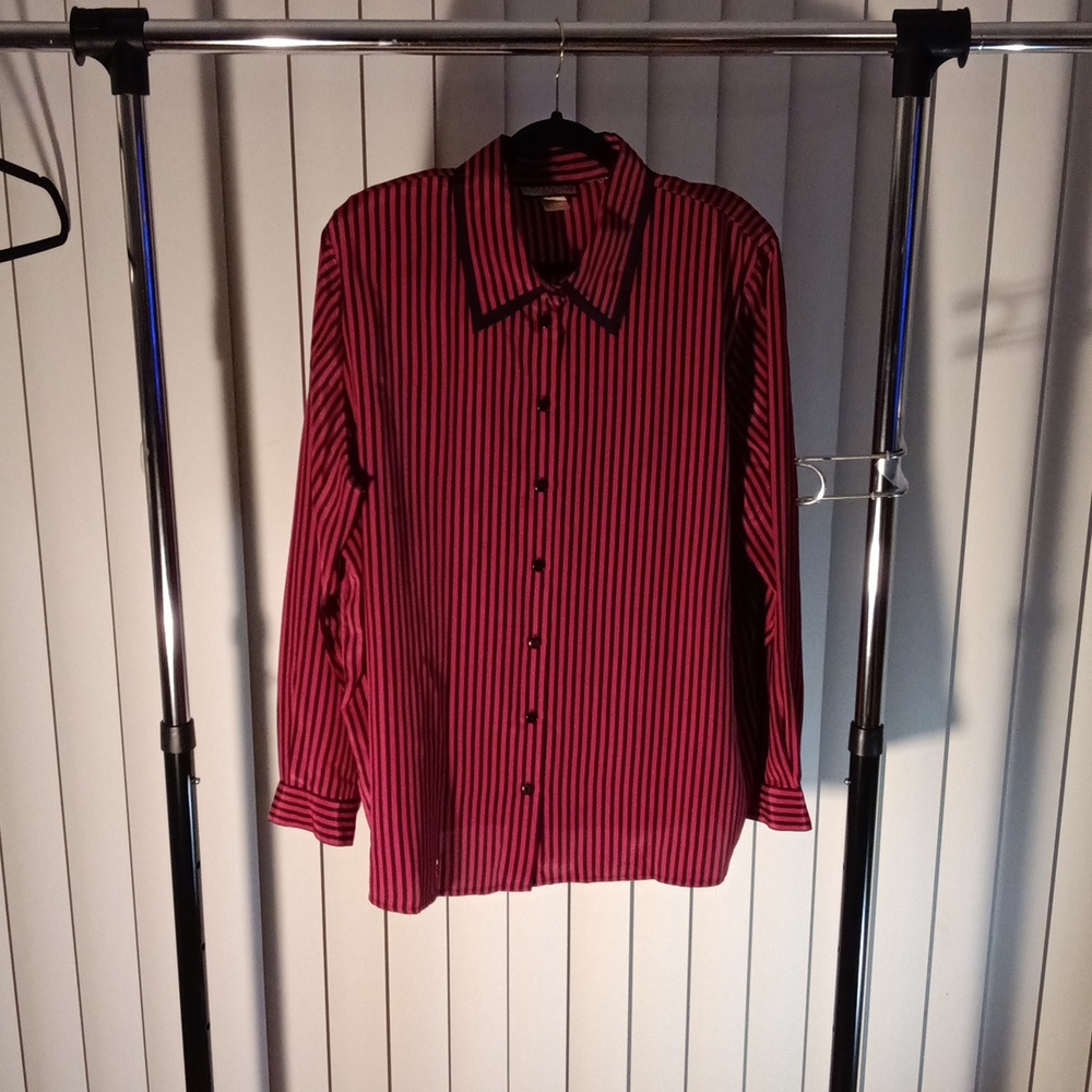 Red Long Sleeve Button Down Blouse w/Black Stripes.